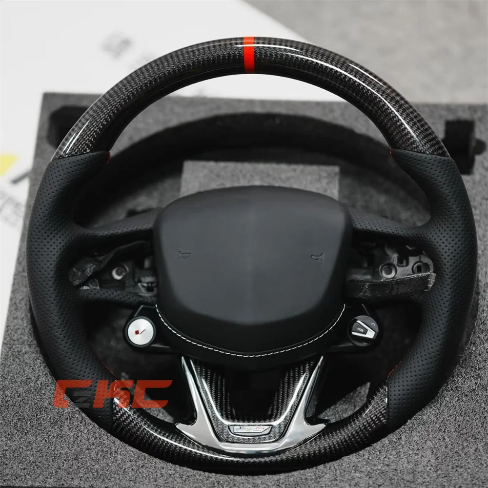 

Customized black Carbon Fiber red Strip Perforated Leather Steering Wheel for 2022 2023 2024 2025 Cadillac