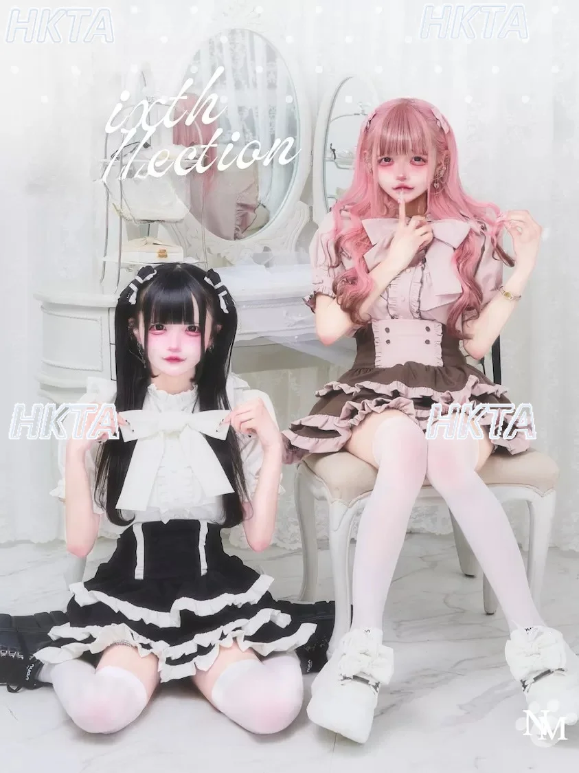 Original Japanese Cute Big Bow Tie Short-sleeve Shirt Cake Skirt Set Y2k Subculture Summer White Shirt High Waist Short Skirt