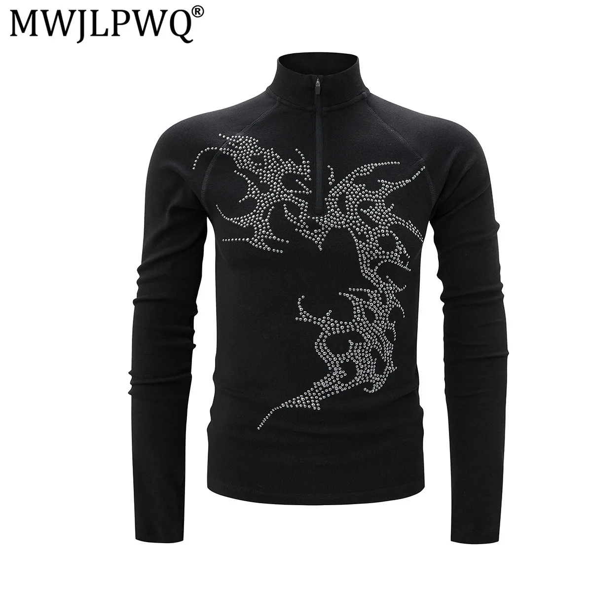 MWJLPWQ American-Style Casual Streetwear Rhinestone Long-Sleeve Men's T-Shirt High-Neck Slim Fitness Stylish Base Tops 21311