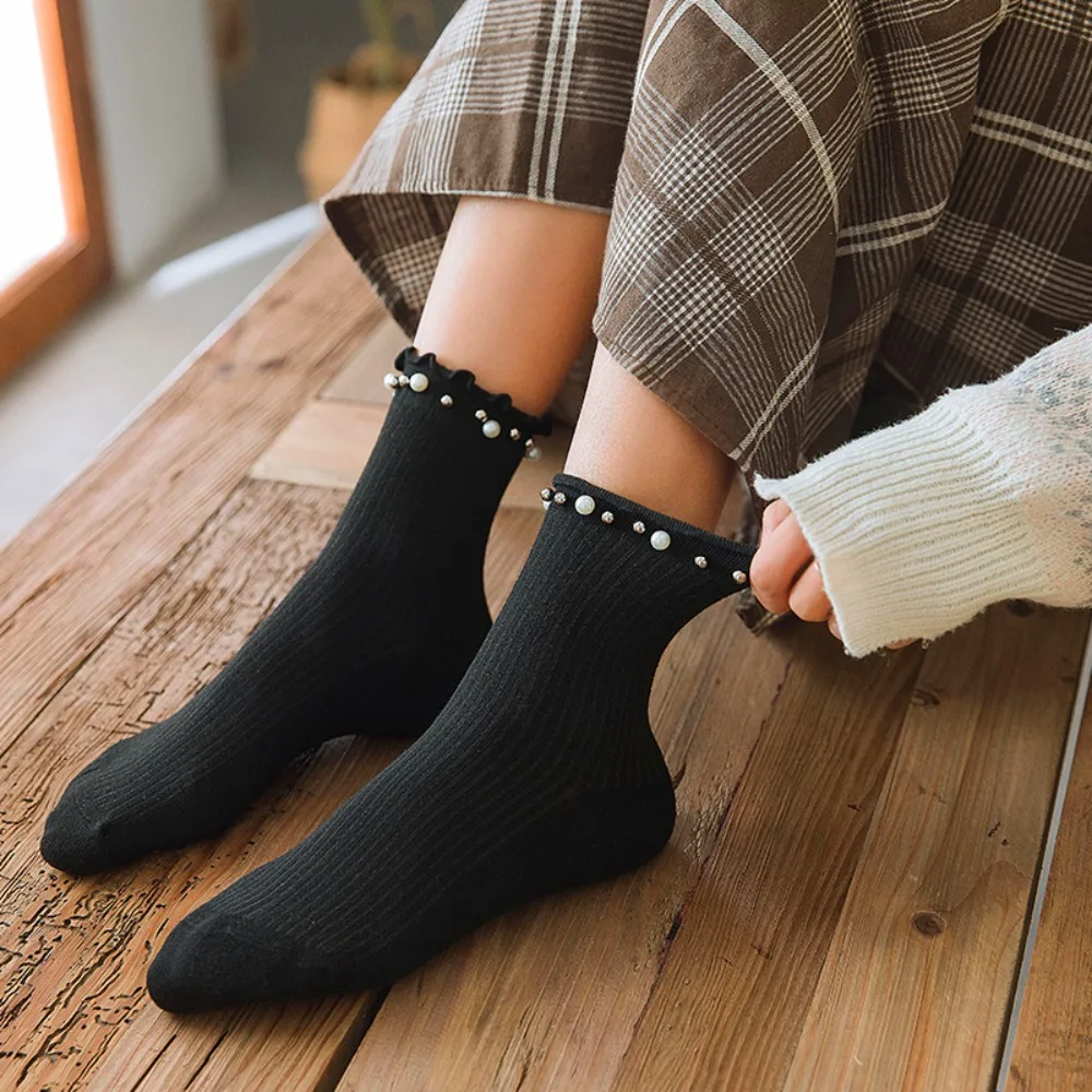 Warm Harajuku Lace Cotton Pearl Kawaii College Style Hosiery Girls Fungus Socks Korean Style Socks Middle Tube Hosiery