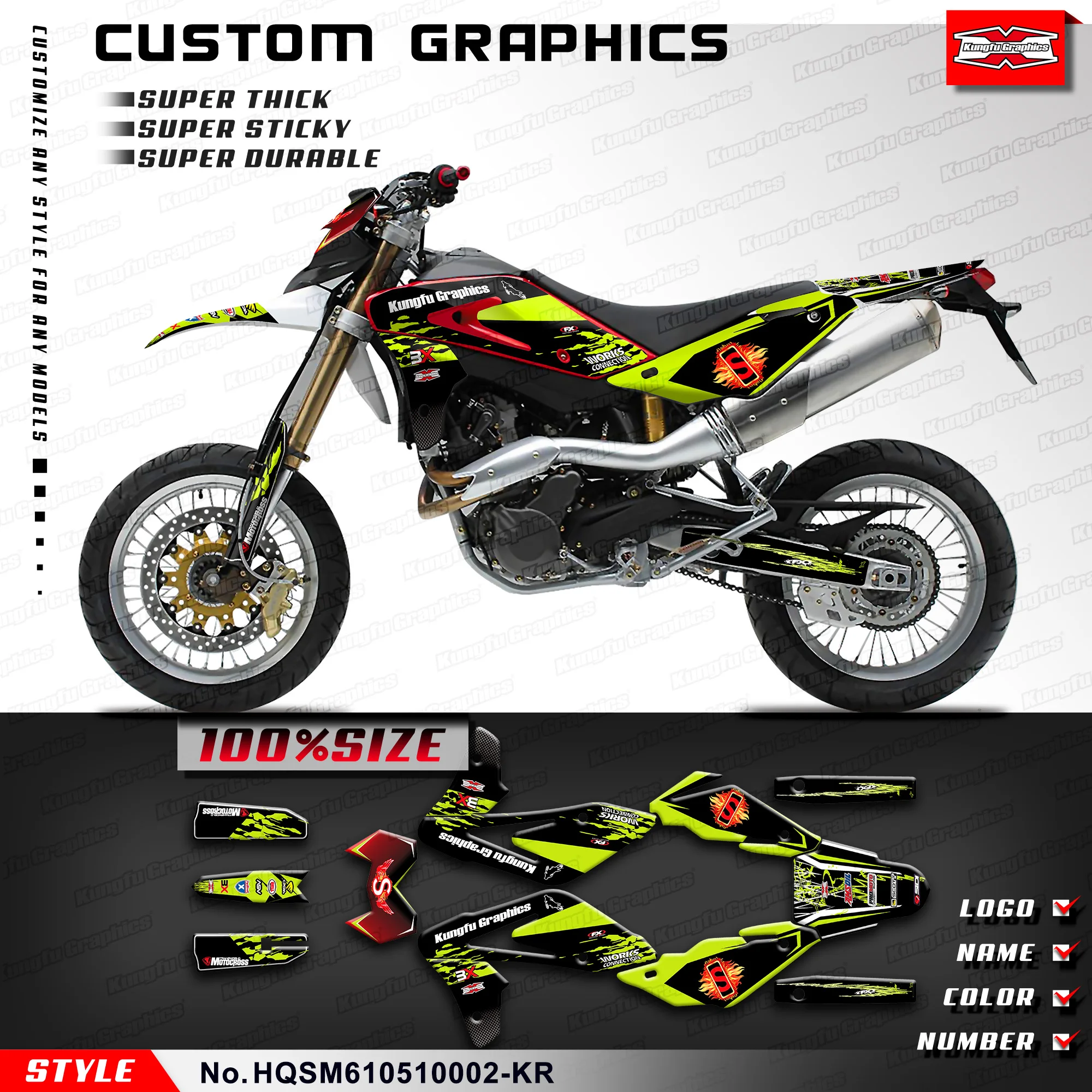 

KUNGFU GRAPHICS Personalised Sticker Decals Kit for Husqvarna SM 610 2005 2006 2007 2008 2009 2010, HQSM610510002-KR