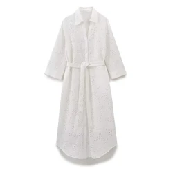 YENKYE  Women Hollow Out Embroidered Midi Dress Autumn  Vintage With Belt Lapel Collar Female High Street White Shirt Dresses