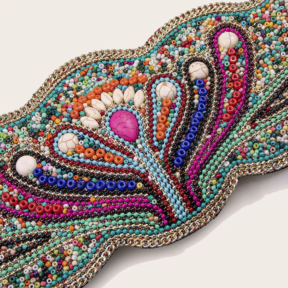 Women Ethnic Corset Waistband Bohemian Elastic Wide Belt Beads Decorated Girdle For Coat Dress Colorful Female Waist Belts