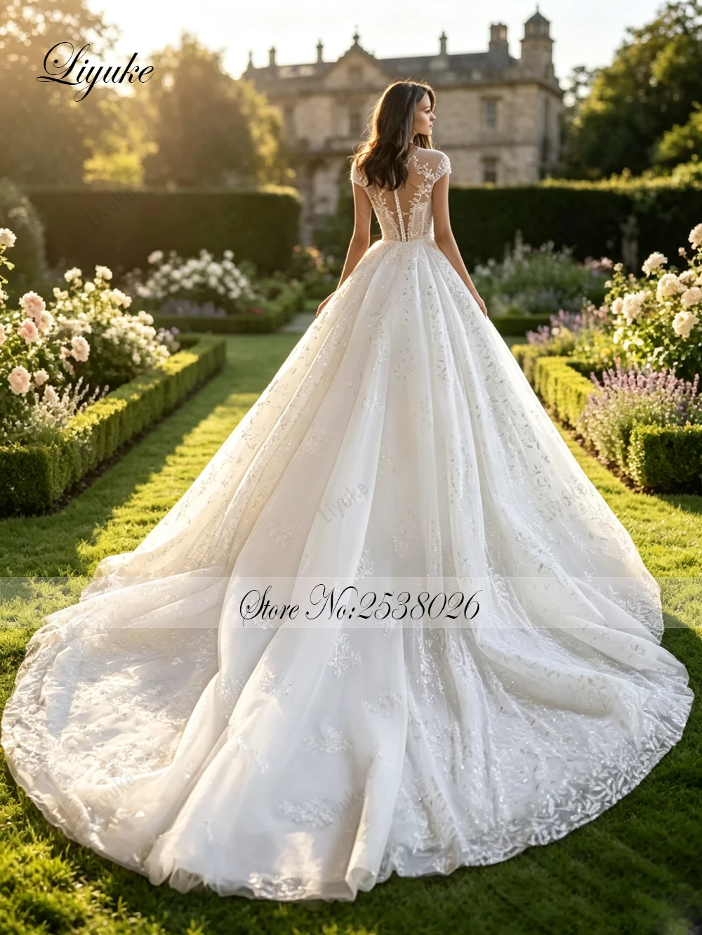 Liyuke Custom Made Scoop Neckline Sparkle Leaf Lace Puffy A Line Wedding Dress Chapel Train Vestido De Noiva