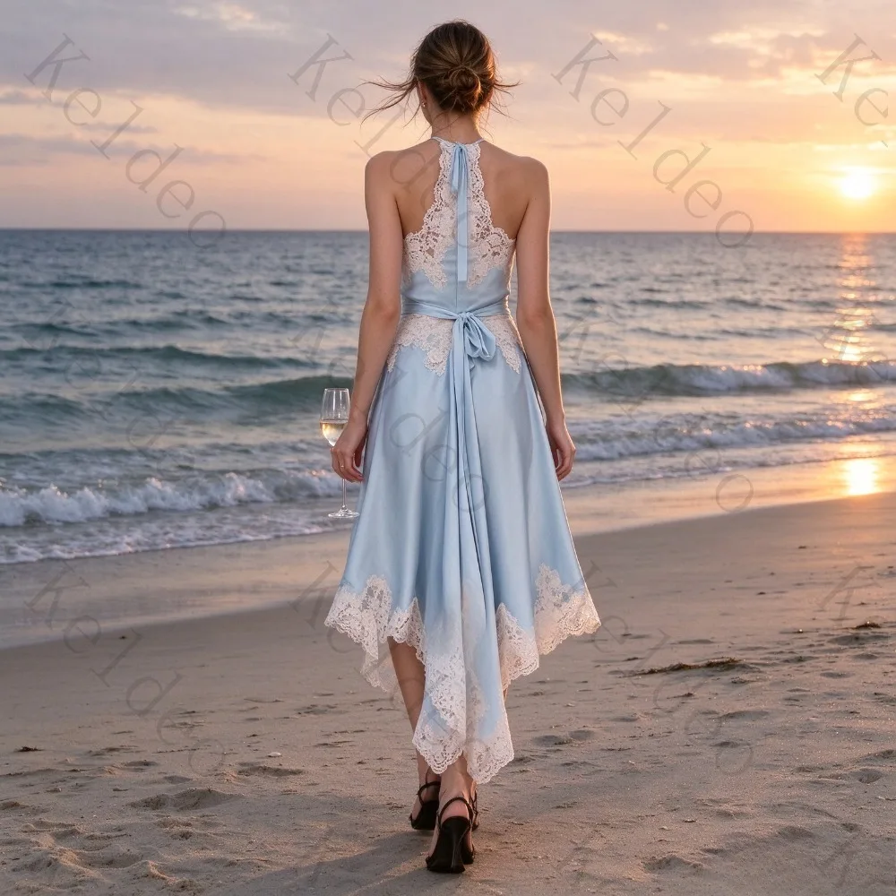Customized Sexy Hanging Neck A-line Evening Gowns Sleeveless Lace Satin Patchwork Belt New Cocktail Beach Prom Irregular Dresses