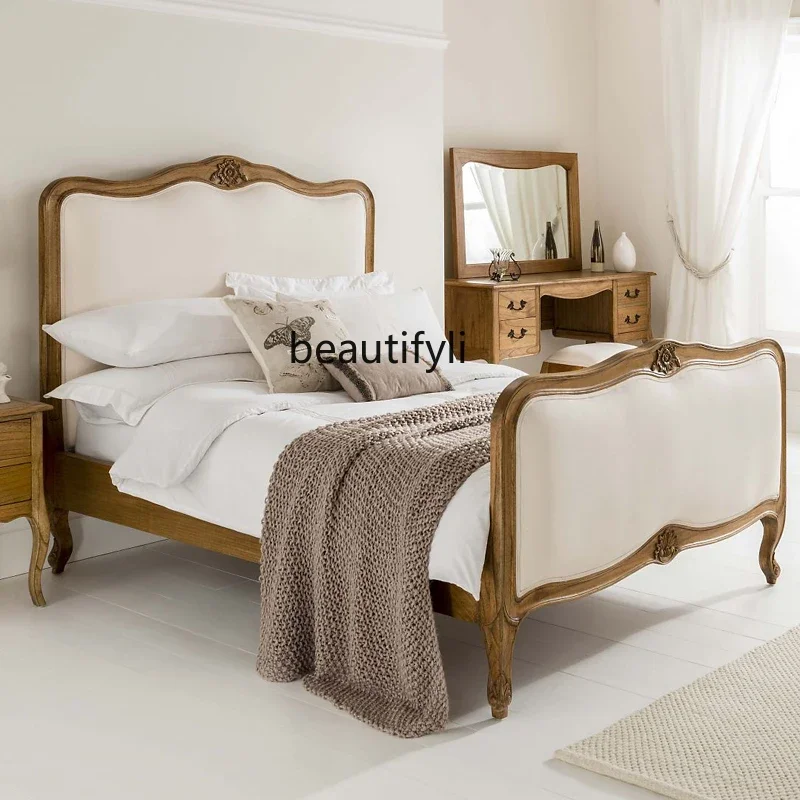 

American solid wood carving flower bed soft bed European neoclassical double bed, simple bedroom furniture0420