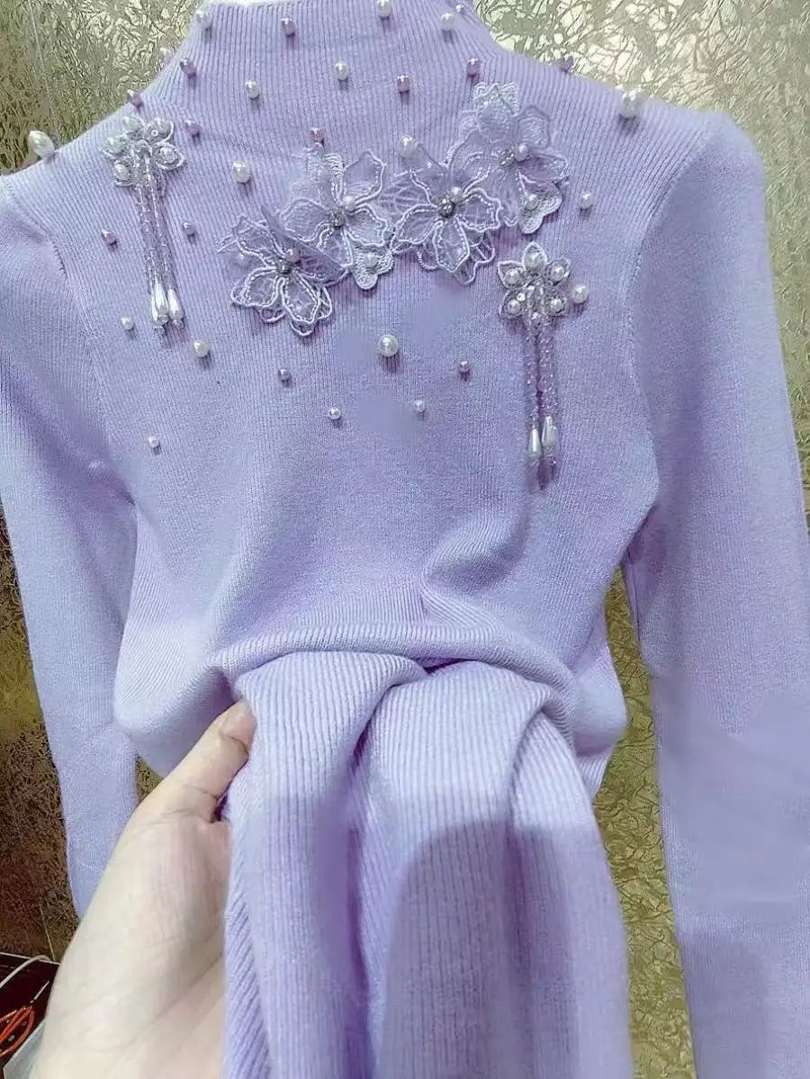 Pearls Beaded Crystal Tassel Flowers Stitch Sweater For Women Spring Autumn Stand Neck Knitwear Pullovers Femme Clothes