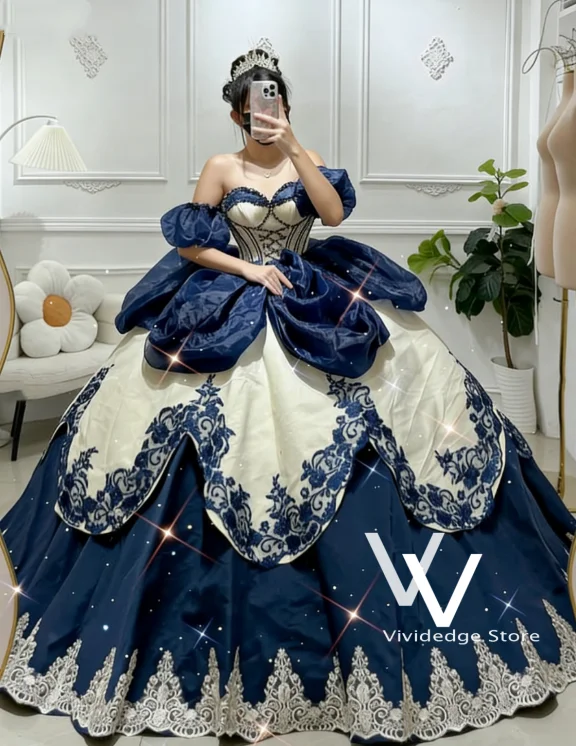 Navy Blue Princess Lace Ball Gown Quinceanera Dresses Victorian Birthday Sweet 16 Gown Off Shoulder Vestido De 15 Anos Customiz