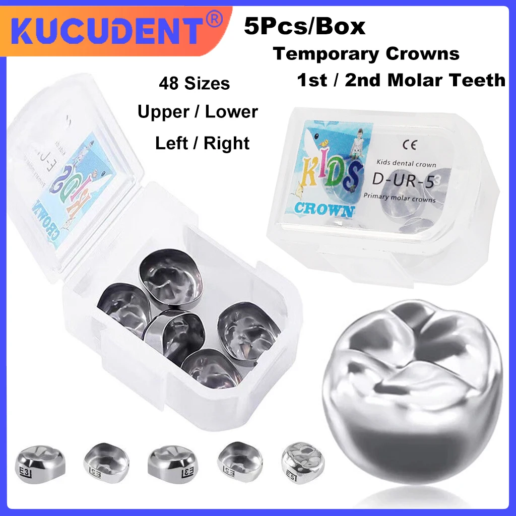 

KUCUDENT5Pcs Dental Crown Kids Primary Molar Refill Stainless Steel Preformed Crowns UL-UR-LL-LR Pediatric Full Size Molar Teeth