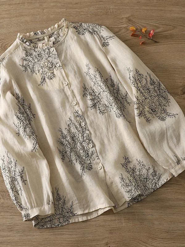 

Elegant Lightweight Embroidered Shirt Women's plus Size Loose Slimming Fashionable Sun Protection Clothing Artistic Style Cas...