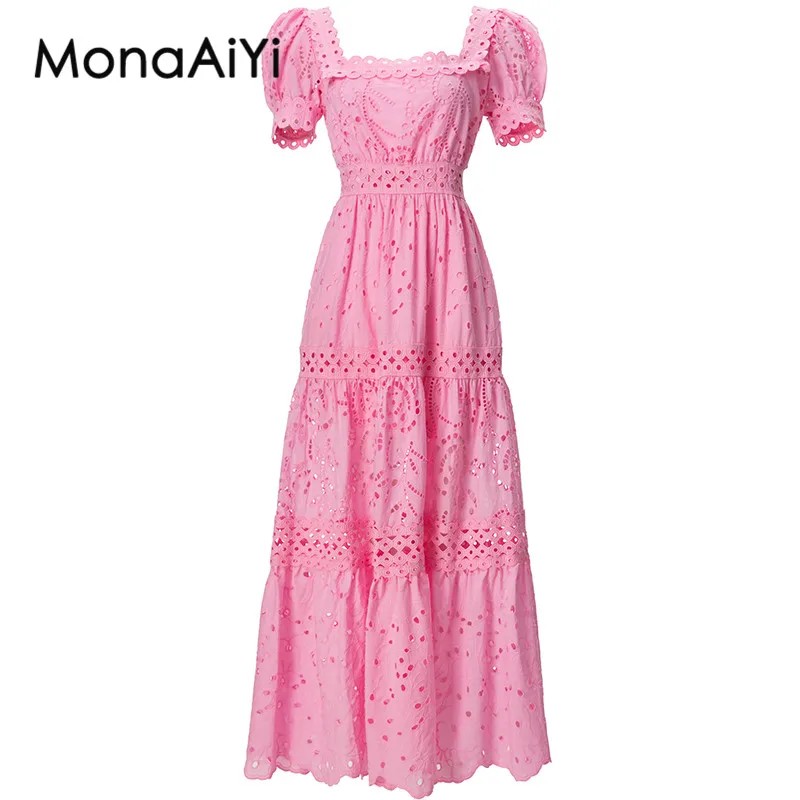 MonaAiYi 2023 New Fashion Runway Designer Women's Square Neck Short Sleeves Gouhua Hollow Out Pure Pink Elegant slim Dress