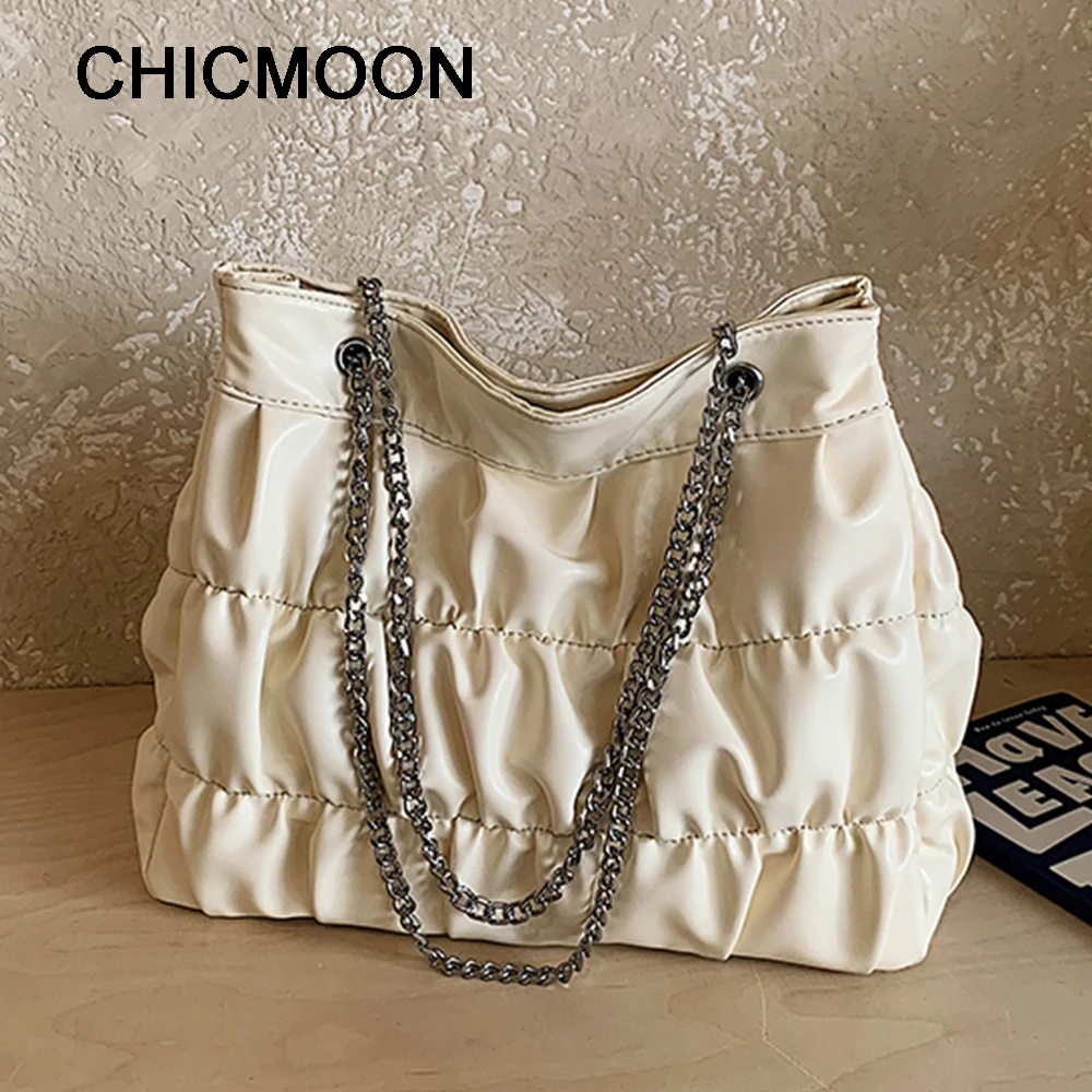 

Large Capacity Ladies Tote Bag Fashion Designer Quilted One Shoulder Bags Soft Leather Commuter Female Pleated Handbags