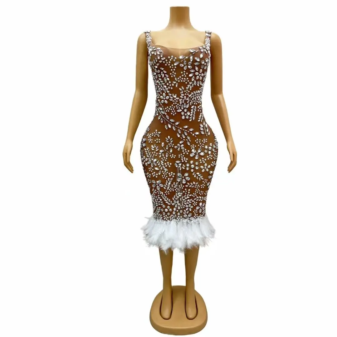 

Luxury Pearl Diamonds Dress Women Ball Gown Wedding Dress Feather Birthday Rhinestone Cocktail Party Dresses