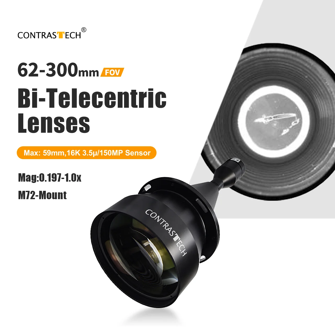 Bi Telecentric Lens Φ59mm Large Format 85lp/mm FL 228mm 0.738X FOV62-300mm for 16K Line Scan Camera Contrastech BTL-16K