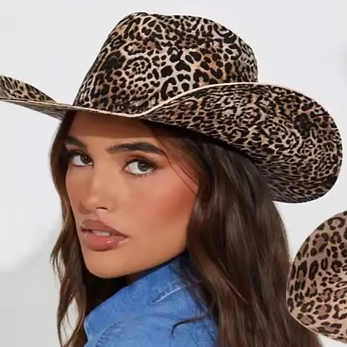 New Trend 100% Wool Leopard Print Cowboy Hats Wide Brim Jazz Top Hat Outdoor Travel Fedoras Hat Men Upturned Eaves Women Caps
