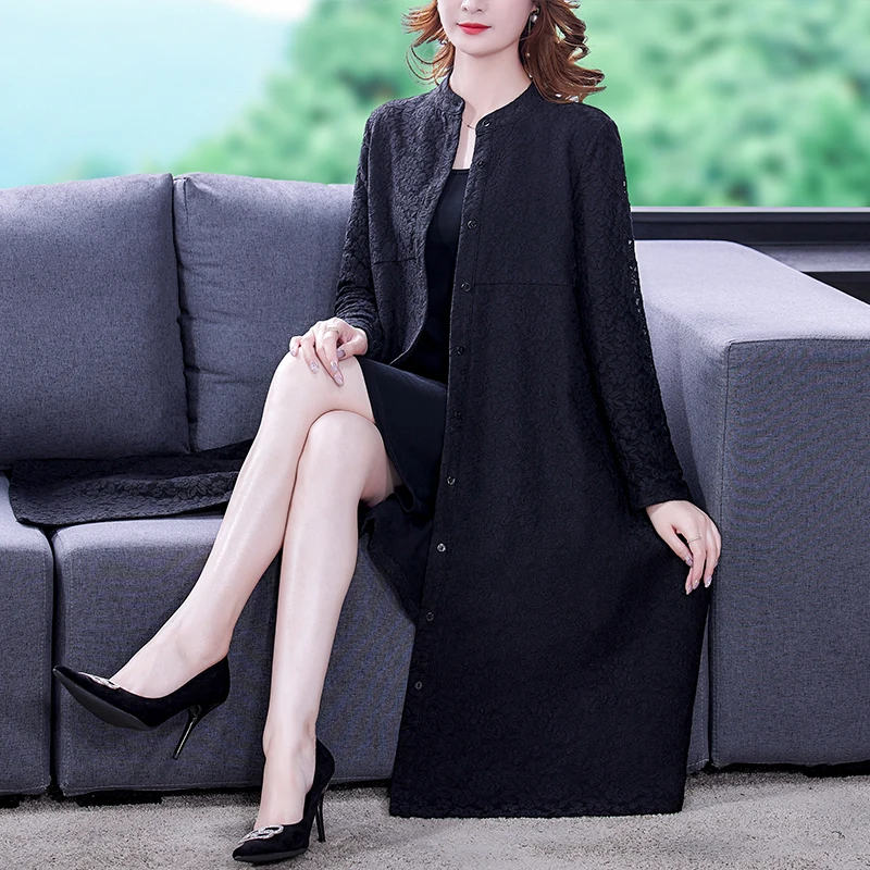 Wife Black Silk Long sleeved Windbreaker Coat Women\'s 2023 New Slim Knee Length Cardigan Your Wife Lace Splice Coat