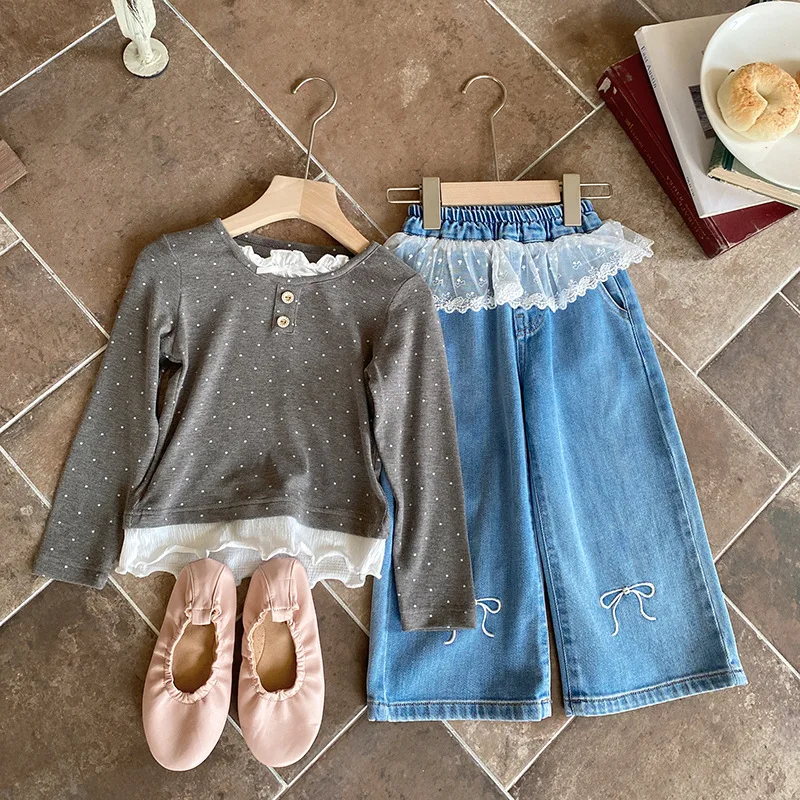 Girls Long Sleeve T-shirt 2025 Spring New Fashionable Lace Fake Two Piece Polk Dot Top Lace Splicing Bow Jeans Trendy