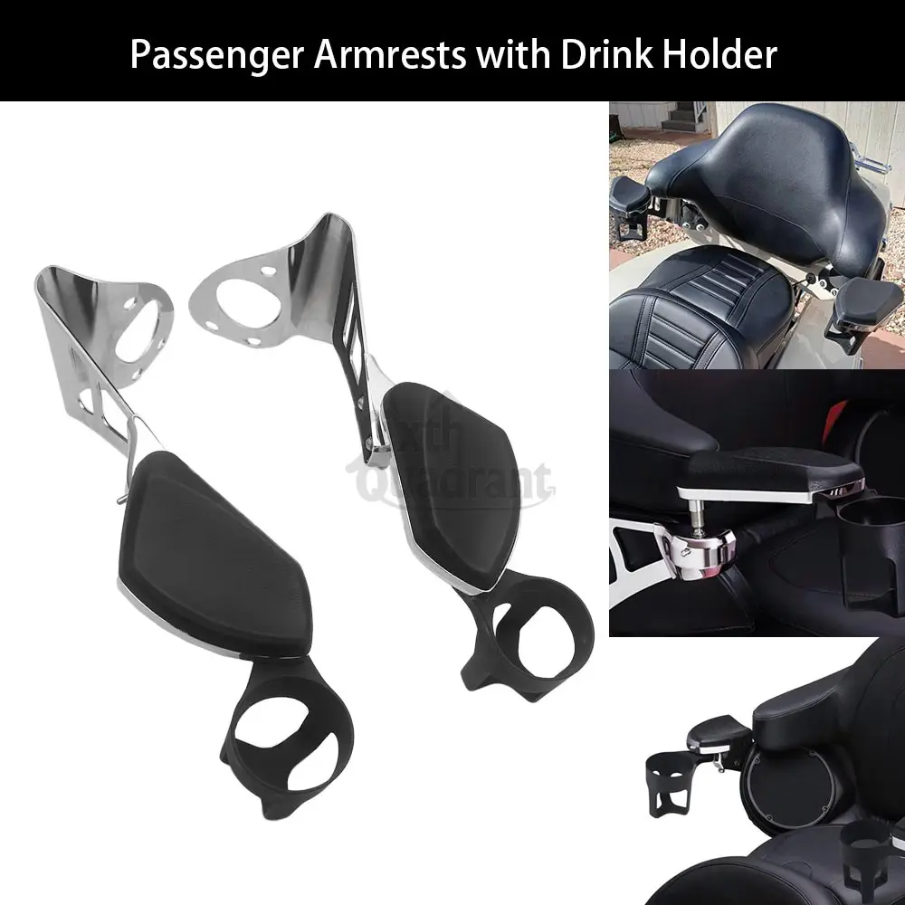 1 Pair Passenger Armrests with Drink Holder Motorcycle For Harley Touring Electra Glide, Road Glide Ultra and Tri Glides 2014-Up