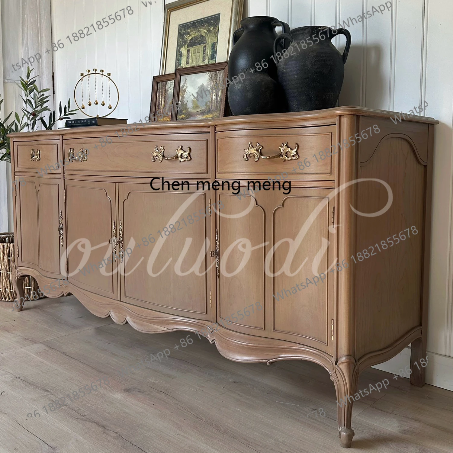 American solid wood dining side cabinet, living room wall storage, French retro dining room tableware locker