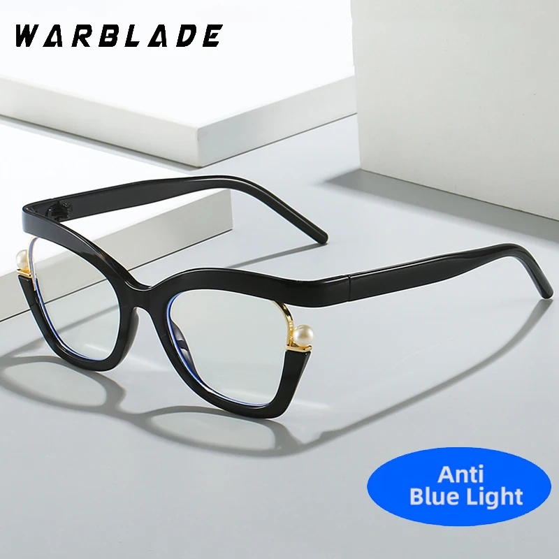 Oversized Cat Eye Women Eyeglasses With Pearls Stylish Anti Blue Light Blocking Spectacles Trendy Multicolor Computer Eyewear