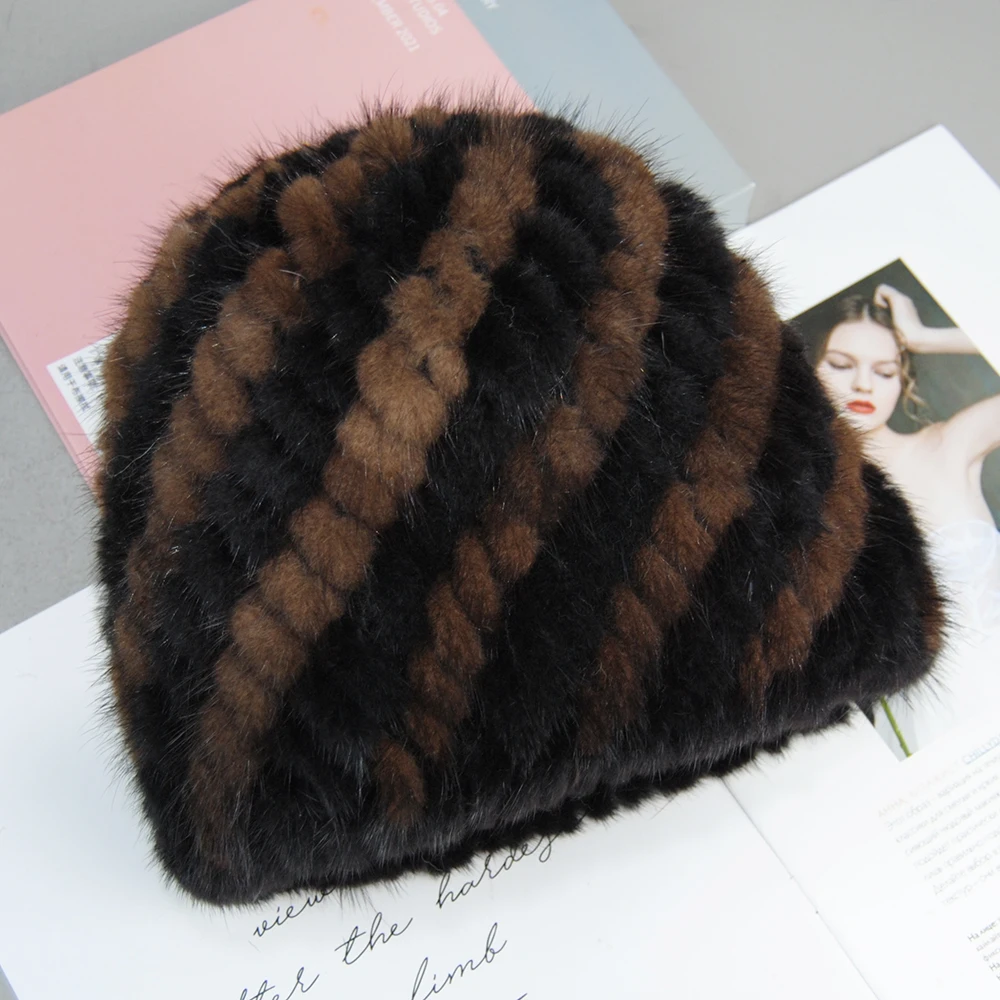 2024 Winter Womens Mink Fur Hats Natural Real Fur Knitted Cap Fashionable Fluffy Ladies Genuine Fur Beanie Female Black Fur Caps