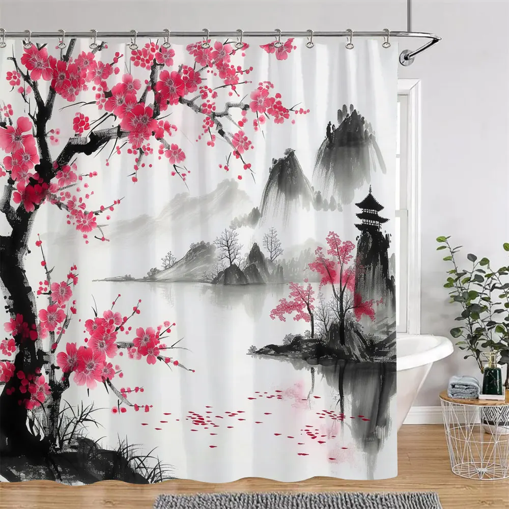 Chinese Japanese Cherry Blossom Ink Painting Shower Curtain Landscape Waves Art Creative Polyester Bath Curtains Bathroom Decor