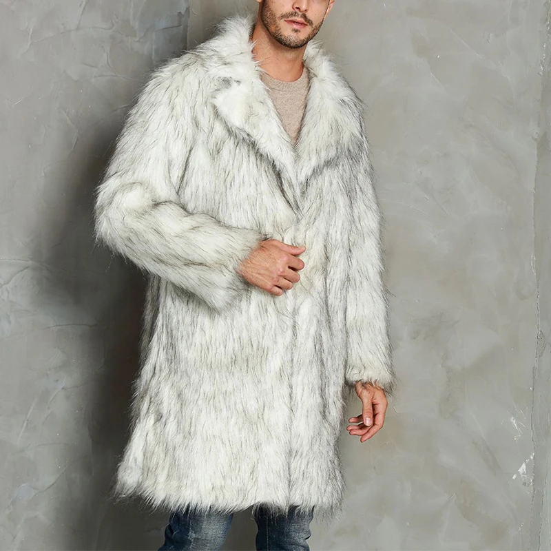 YILEEGOO Men Winter Faux Fur Coat Long Sleeve Lapel Collar Open Front Faux Fur Fluffy Jacket Outwear