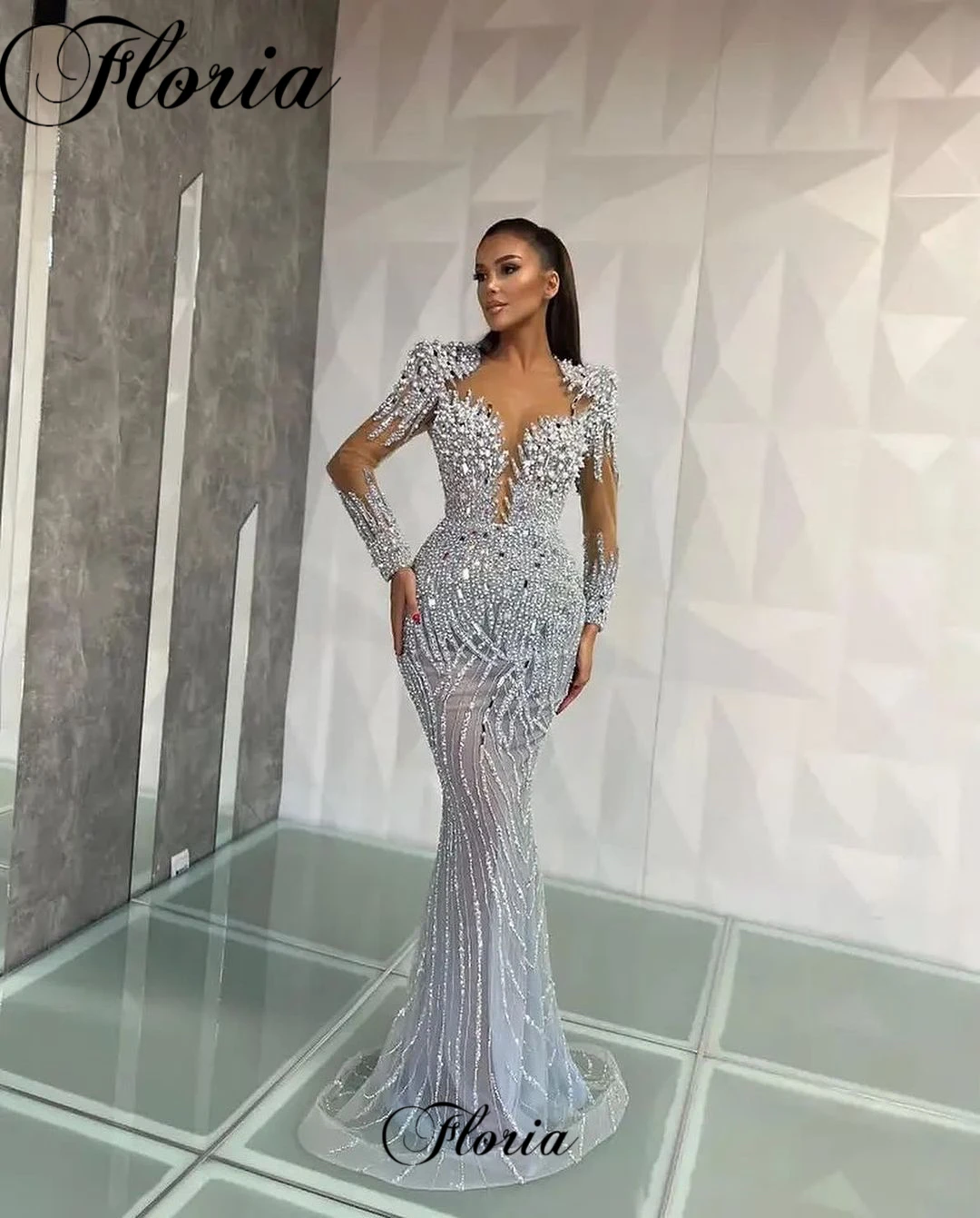 Full Beaded Silver Evening Dresses Mermaid Long Sleeves Formal Occasion Dress Grand Party Dresses For A Wedding Robes De Soirée