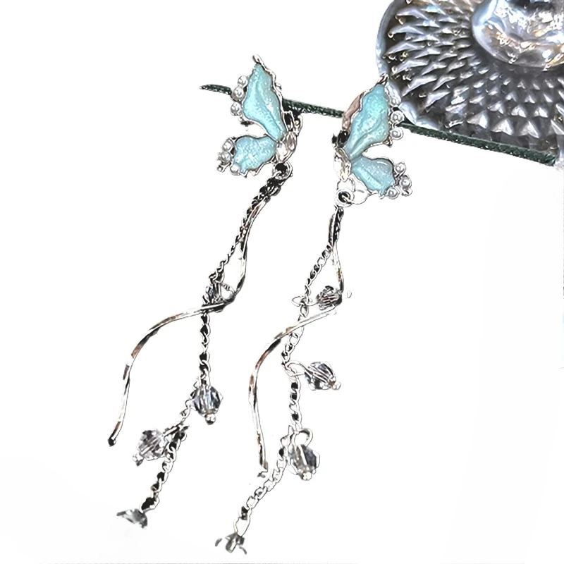 

1 pair of blue butterfly tassel earrings, French style luxurious and versatile earrings, perfect for weddings.