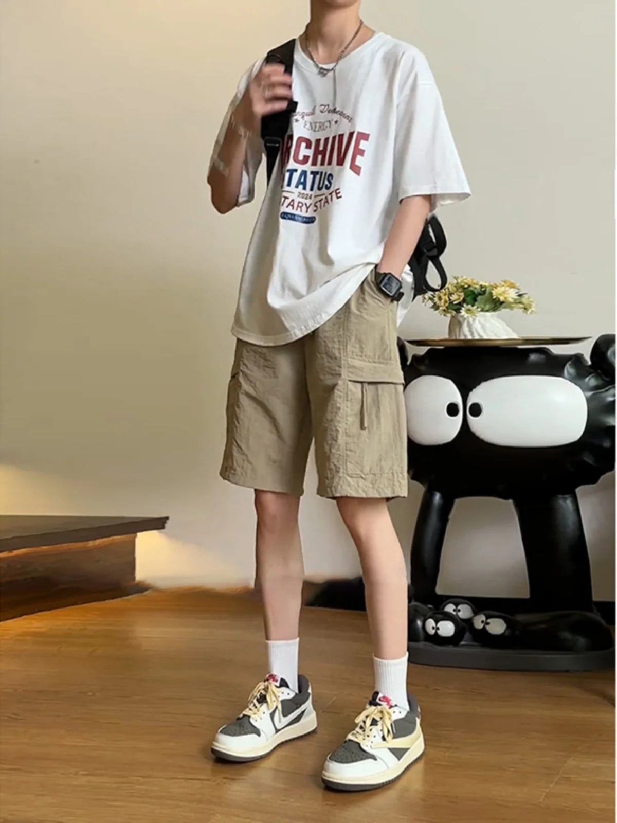 

Khaki Qui Dry Sports orts Men Summer Thin Zipper ket Workwear Pants American Sle Five-Point orts Casual Loose Fit