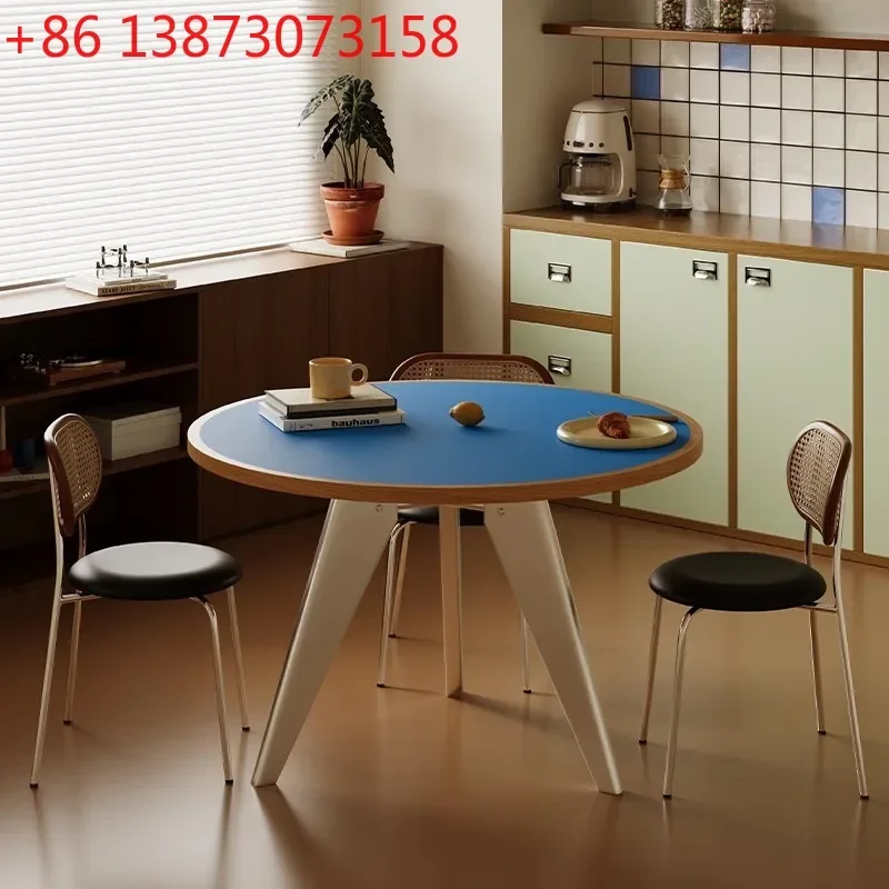 Mesa de comedor redonda azul cielo, mesa redonda japonesa para apartamento pequeño, mesa de comedor redonda de madera.