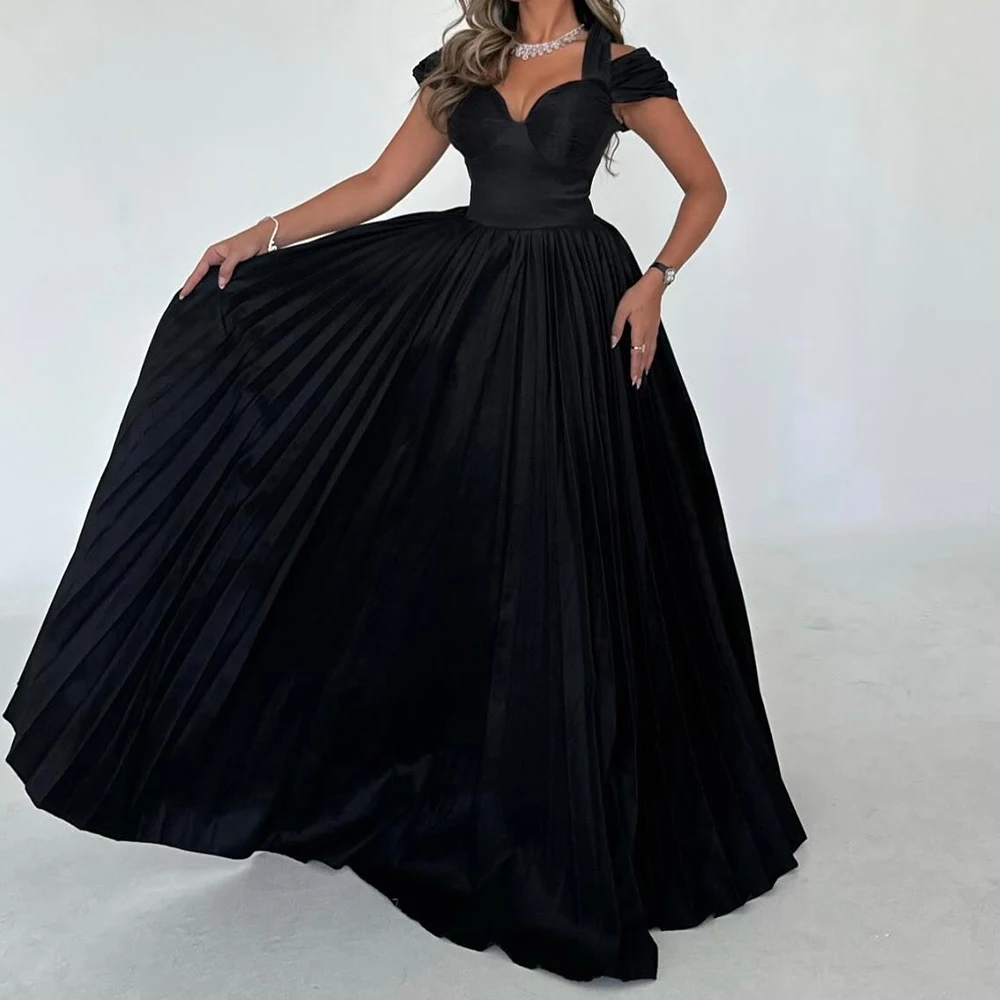 Customized Jersey A-Line Off the Shoulder Evening Dress Strapless Floor Length Sleeveless Black Panel Train High Quality