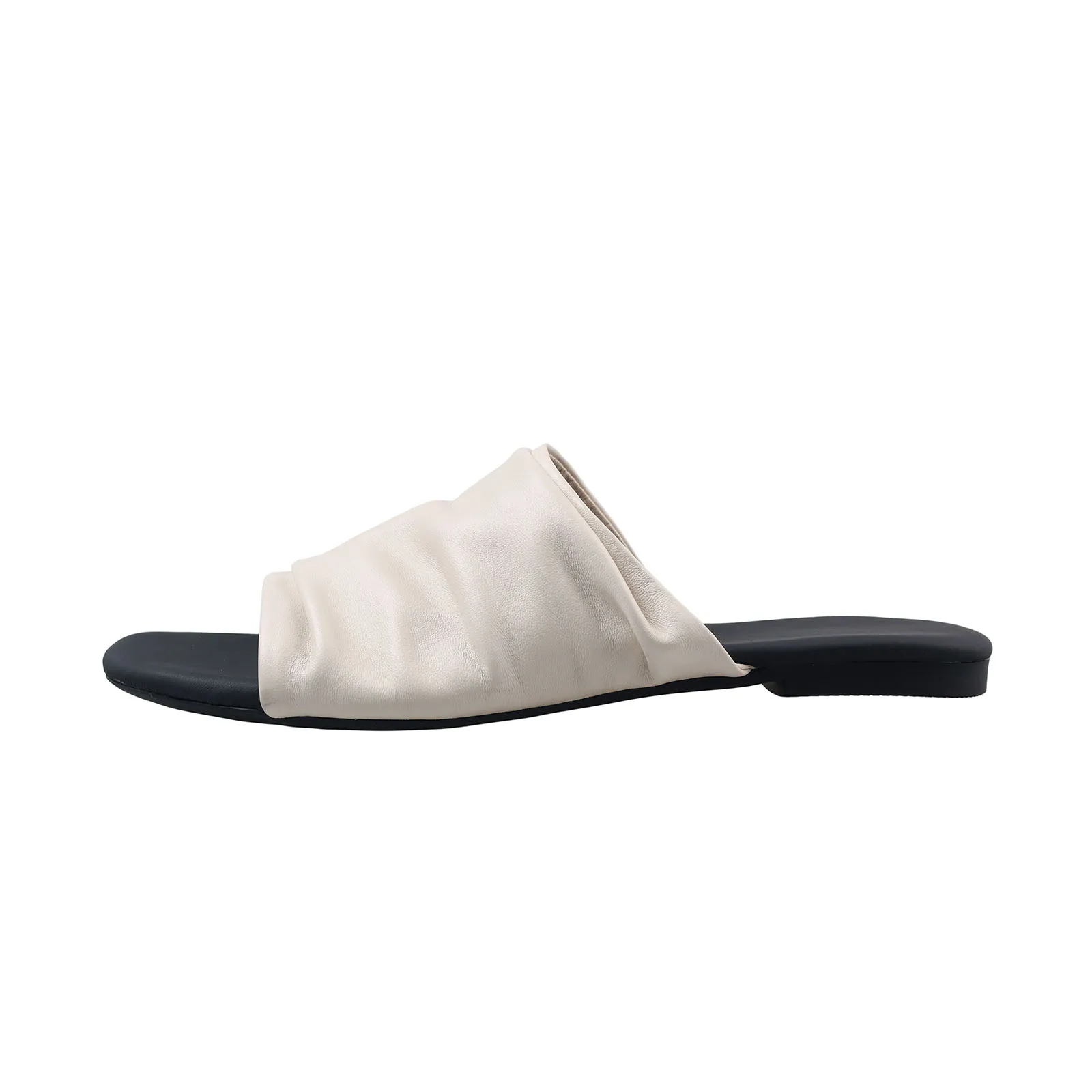 

Arden Furtado 2025 Summer Holiday style sheepskin Word slippers Round toe Mixed Colors Pleated Flats shoes outdoor slippers