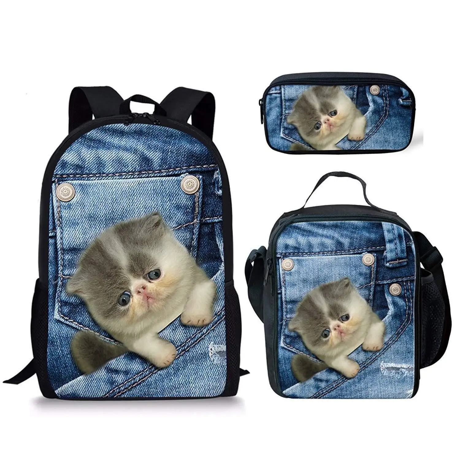 Cartoon Denim Pocket Cat/Dog 3pcs/Set Backpack 3D Print School Student Bookbag Anime Laptop Daypack Lunch Bag Pencil Case