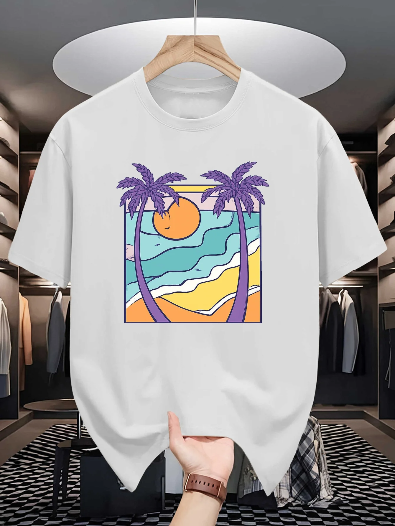 2026 Women Trend Navy Blue Crew Neck Tee Retro Square Purple Palm Tree Ocean Wave Orange Sunset Tropical Beach Summer Casual Top