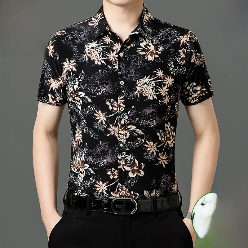 

Летняя высококачественная шелковая рубашка с коротким рукавом для мужчин среднего возраста, модная свободная рубашка из натурального шелка с цветочным принтом
