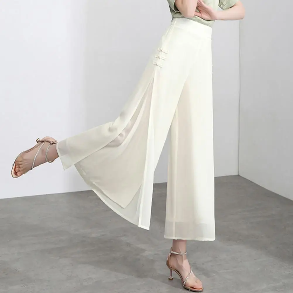 Calça de perna larga feminina em chiffon, elegante calça comprida, com divisão lateral, cintura alta, elegante, solta para A