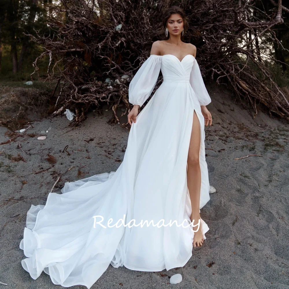 

Redamancy Simple Sweetheart Chiffon A-LINE Wedding Dresses 2024 Side Split Puff Sleeve vestidos de novia wedding dress for woman