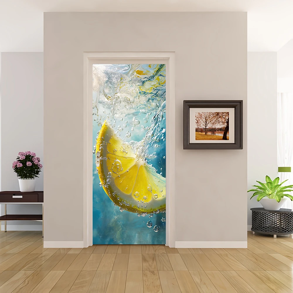 

1 шт. самоклеящиеся съемные виниловые дверные наклейки. Этот креативный распылитель воды в виде лимона, декоративная дверная наклейка использует высокой четкости pr.