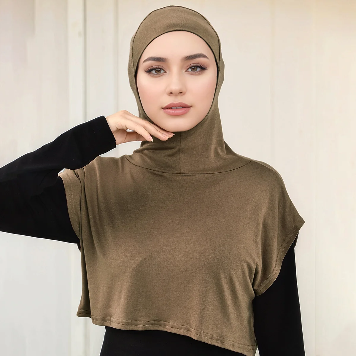 Novo esporte muçulmano com capuz colar falso hijab camisa feminina hijab overhead pescoço colar ramadan sólido abayas turbante headwrap xale