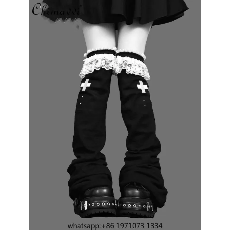 Dark Girls Patchwork Lolita Lace Wide Leg Socks Japanese Mine Series Cross Subculture Leg Warmer Gothic Y2K Thigh High Socks
