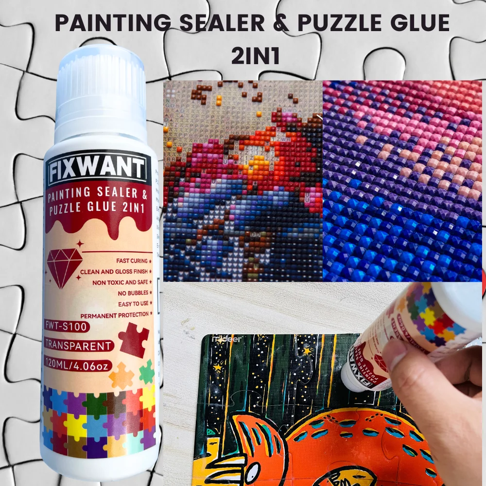 

FIXWANT Упаковщик и клей-головоломка для алмазной живописи 2-в-1 (120 мл) - Постоянный, быстросохнущий, глянцевый, не желтеющий - Художественный клей «сделай сам»