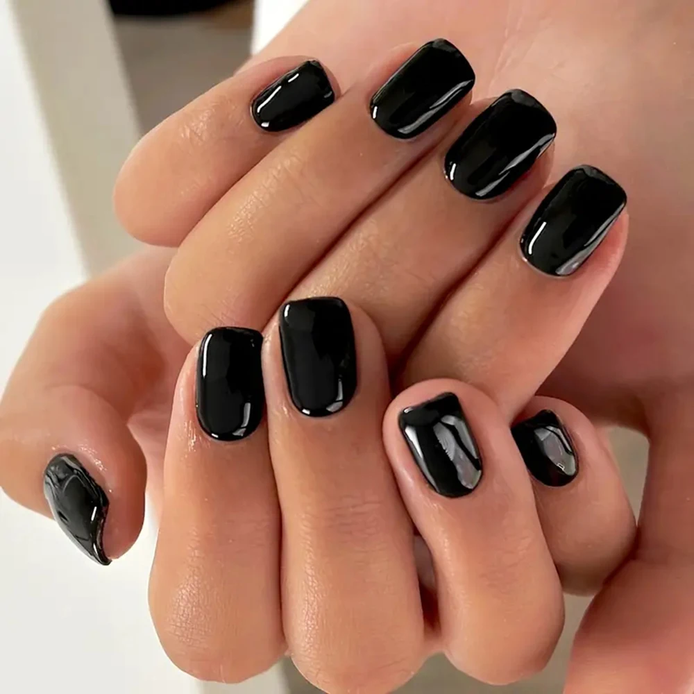 24pcs Medium Square Black Press On Nail Highlight Nails Solid Colored Wear Nails Cute Press On Nails Summer Press On Fake Nails