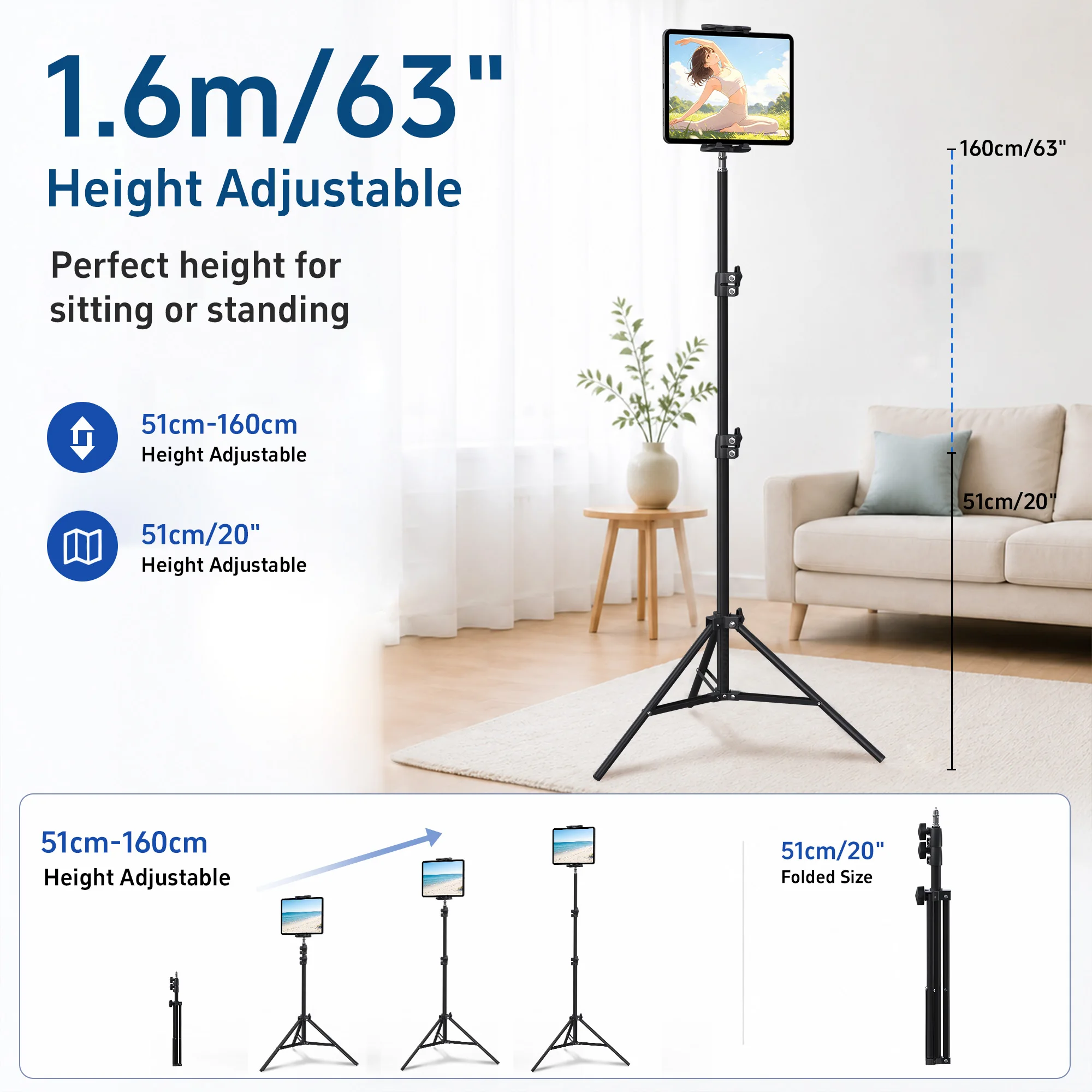 Floor Tripod Tablet Phone Mount Stand 1/4 Screw Video Recording Riser Tablet Holder for Video Recording Navigation Holder Mount