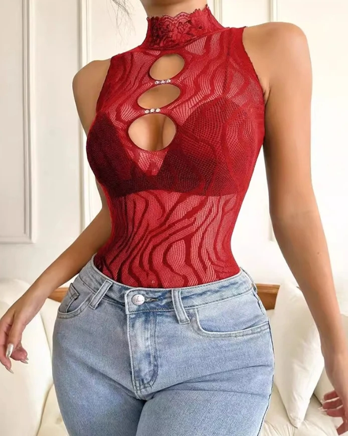 Women's Fashion Sexy Jumpsuits High Neck Sleeveless Hollow-Out Skinny Bodysuit Teddies Sexy High Strechy Slim Fit Lingerie