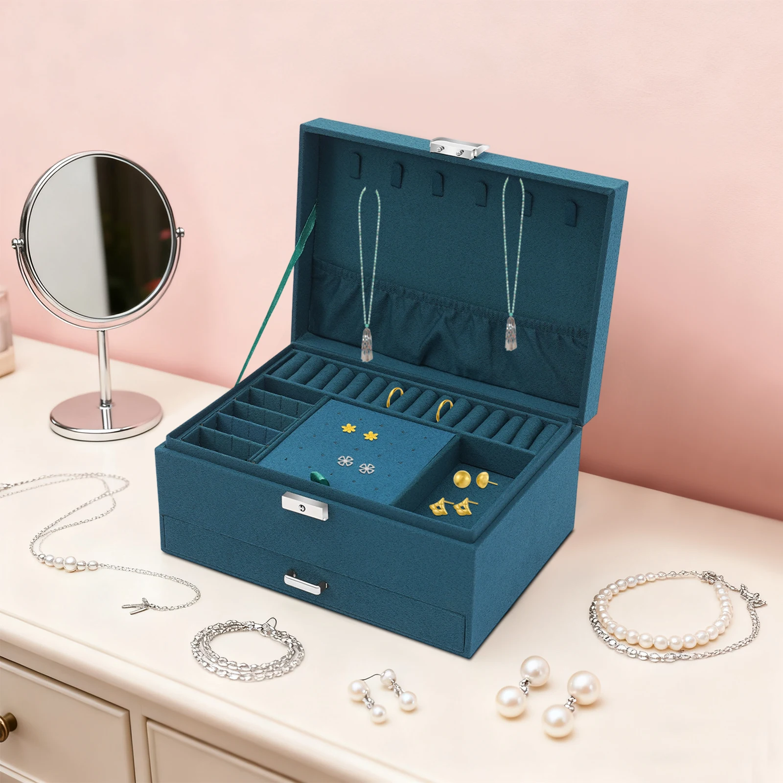 

3 Layers Large Jewelry Storage Case with Portable Case, Jewellery Box with Removable Tray for Rings, Earrings, Blackish green