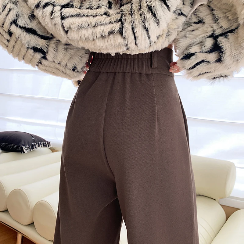 Thick Autumn Winter Woolen Straight Leg Pants Two Buttons Fashion High Waist Wide Leg Pocket Trousers 2025 New Trendy