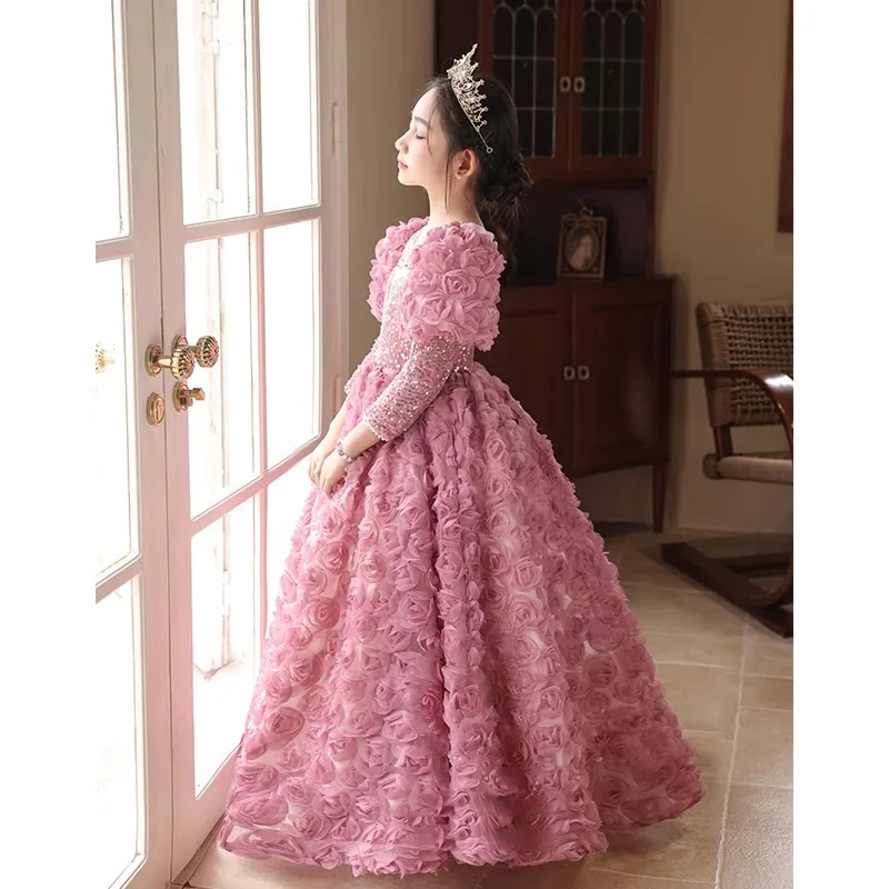 Spring and Summer New Children's Dress Pink Puff Sleeve Princess Dress Light Luxury High-end Dress Girl's Competition Dress