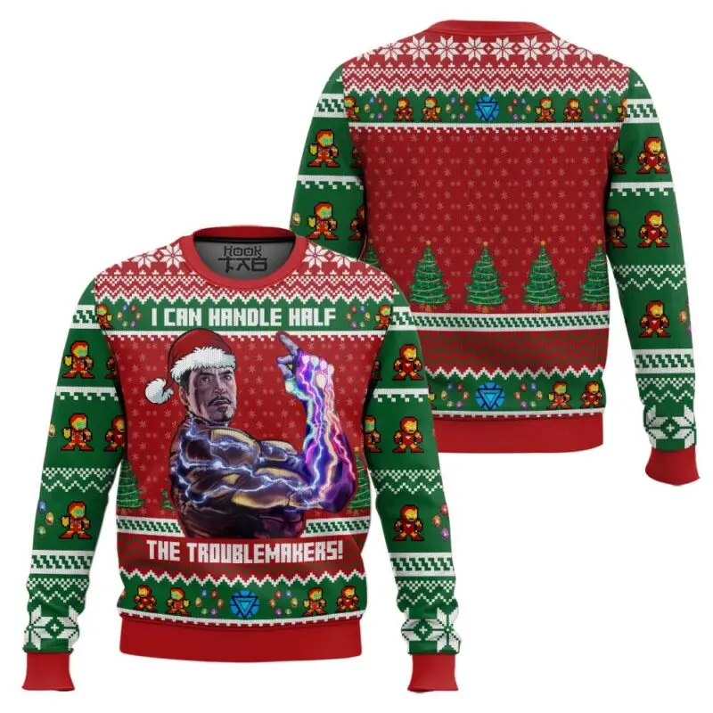 Marvel Q-Version Iron Man Wearing Christmas Hat Snap Fingers Christmas Ugly Sweater Festive Atmosphere Fashionable Dressing