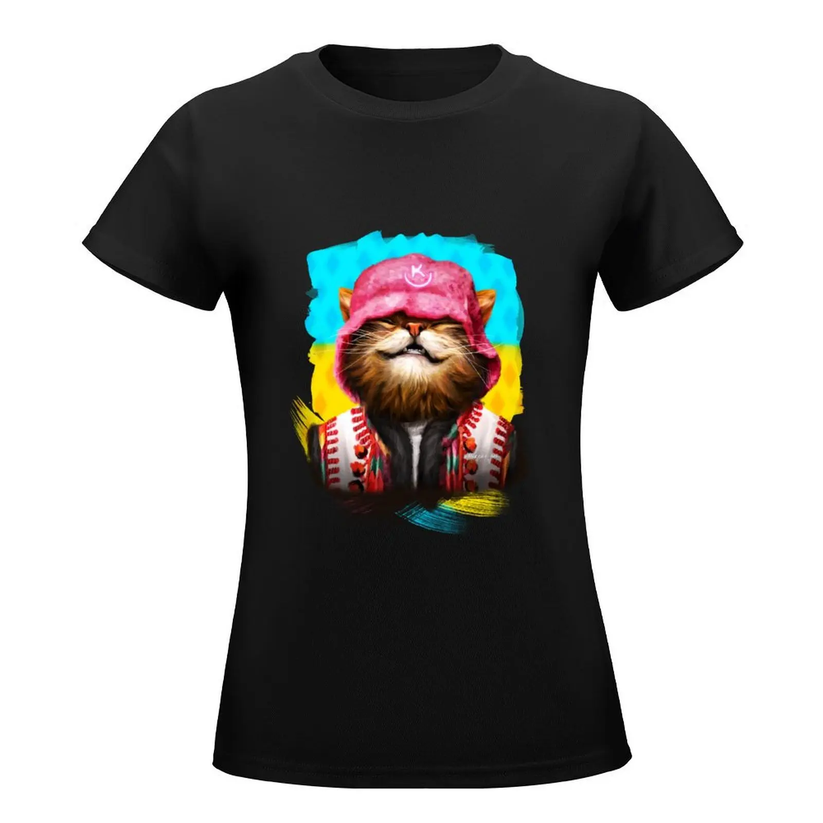 Happy smiling cat in pink hat T-Shirt aesthetic clothes female white t-shirts for Women